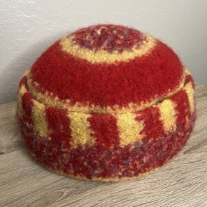 Felted Wool Cuffed Hat Handmade Artisan Vintage Red Yellow